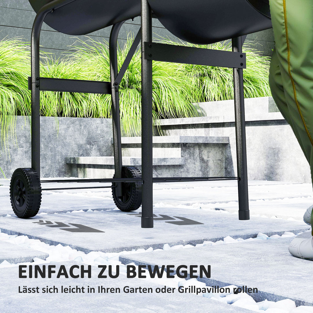 Kulgrill af stål bbq-ryger med låg, termometer, hjul, lufttilførsel og kulbakke