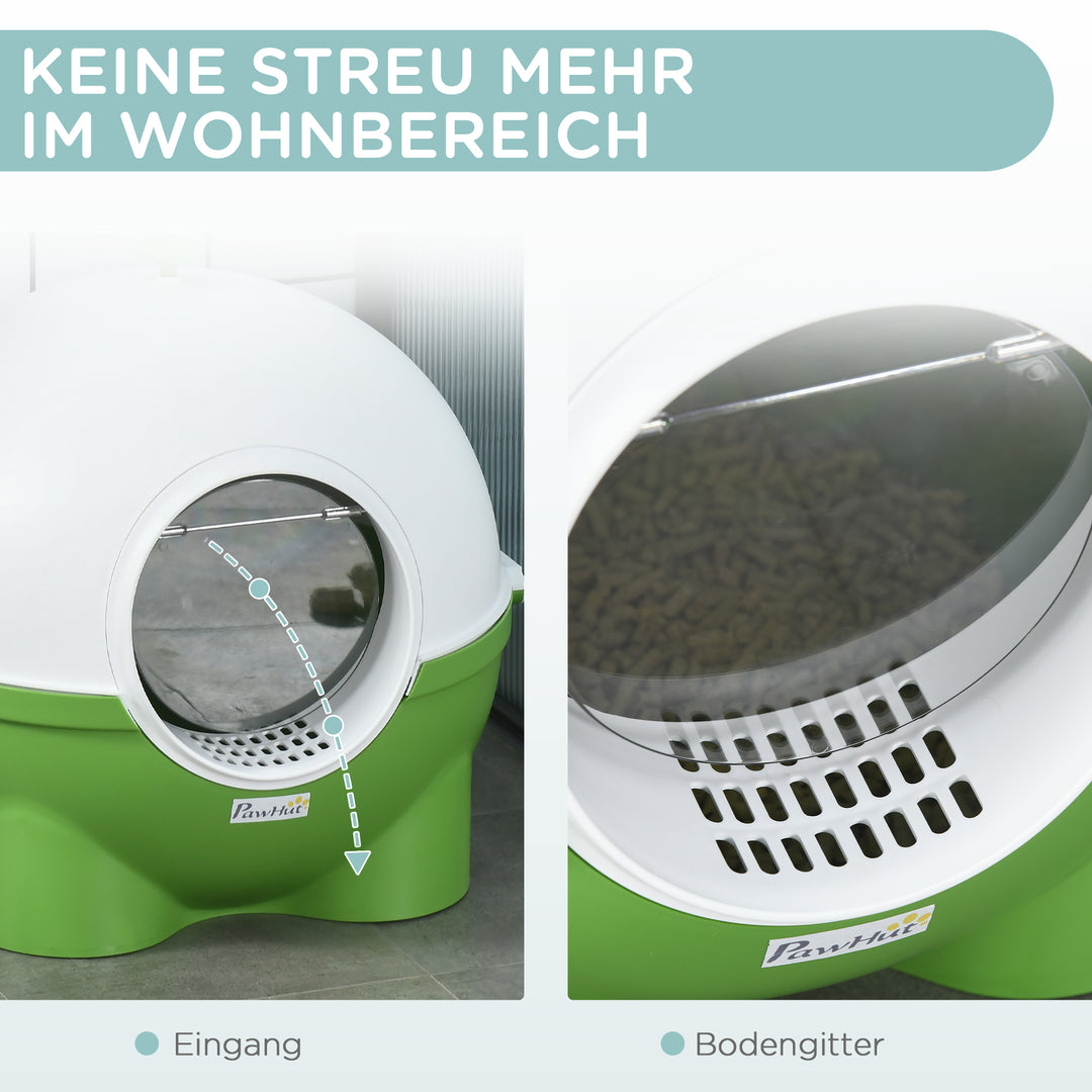 Kattebakke med si, inklusive ske, sødt design; grøn + hvid