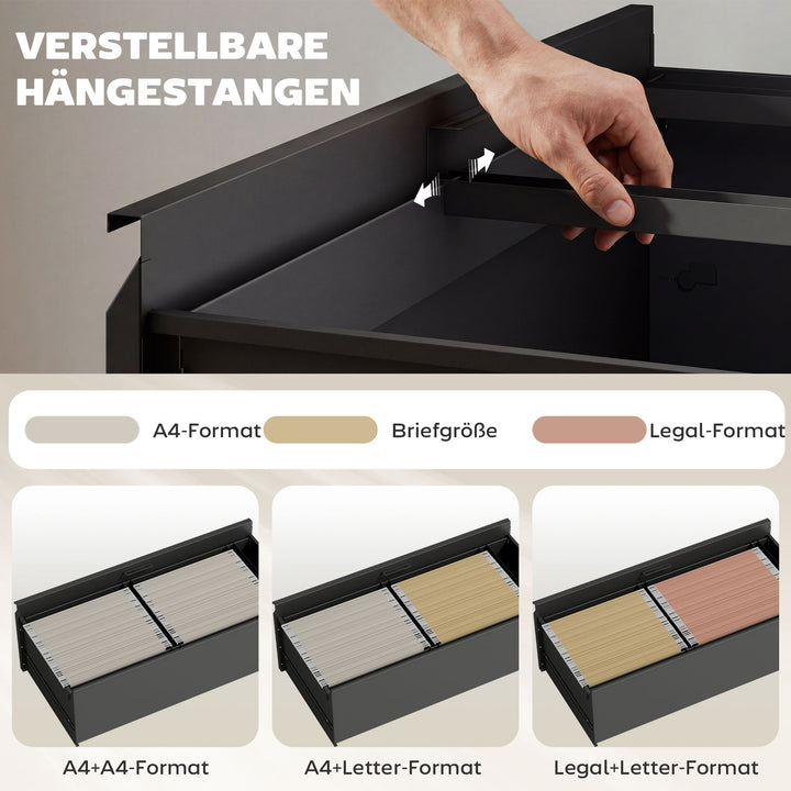Låsbar mobil piedestal med 2 skuffer, arkivskab med justerbart hængemappesystem, 90 x 40 x 77,4 cm, sort