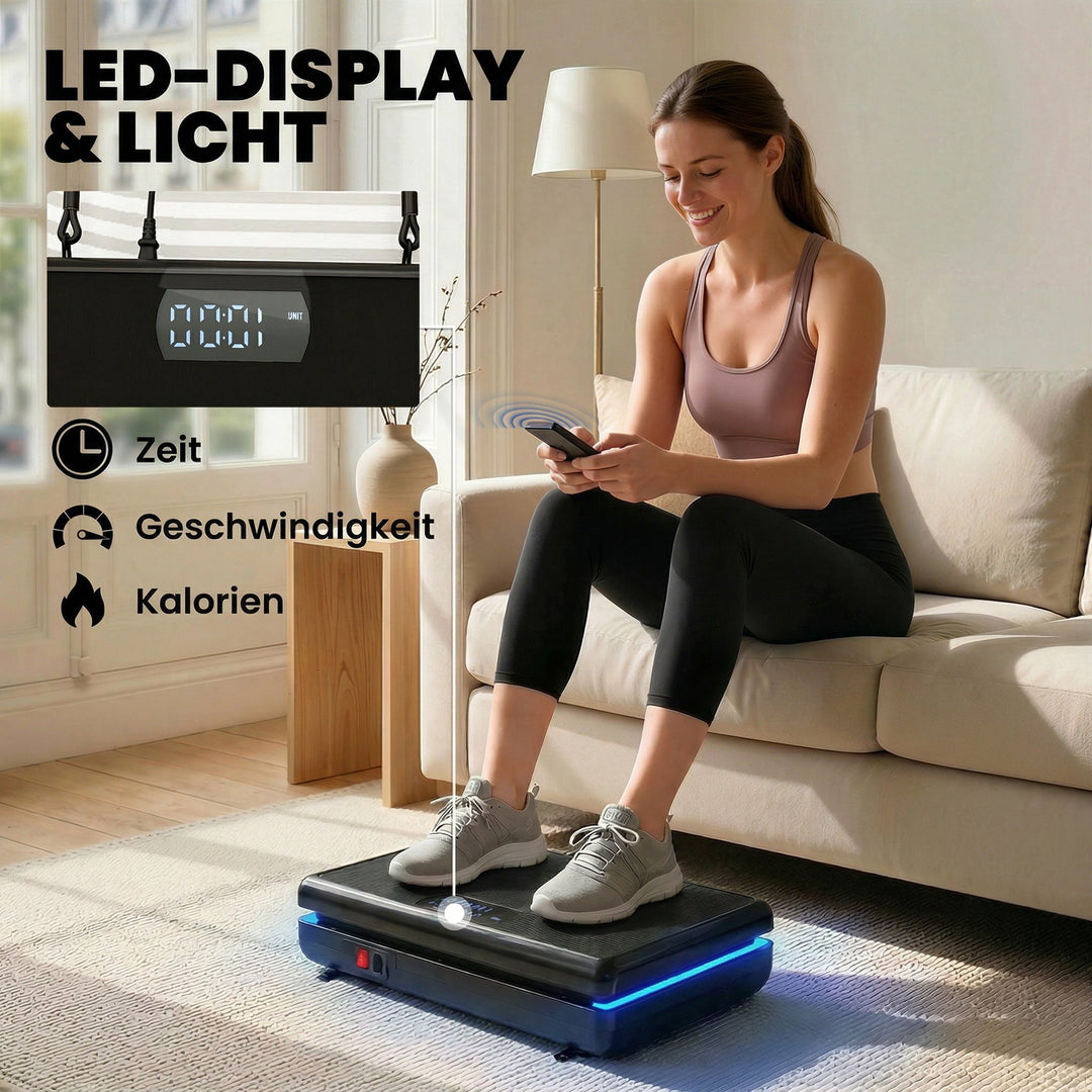 Vibrationsplade med 120 intensitetsniveauer, 5 forprogrammer, LED-lys, modstandsbånd, skridsikker overflade
