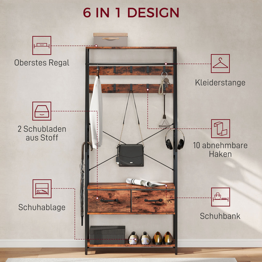 Garderobe med skohylde, stumtjener med bænk, 10 kroge, 2 stofskuffer, bøjlestang, spånplade, metal, brun
