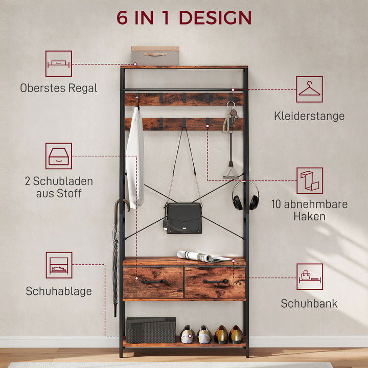 Garderobe med skohylde, stumtjener med bænk, 10 kroge, 2 stofskuffer, bøjlestang, spånplade, metal, brun