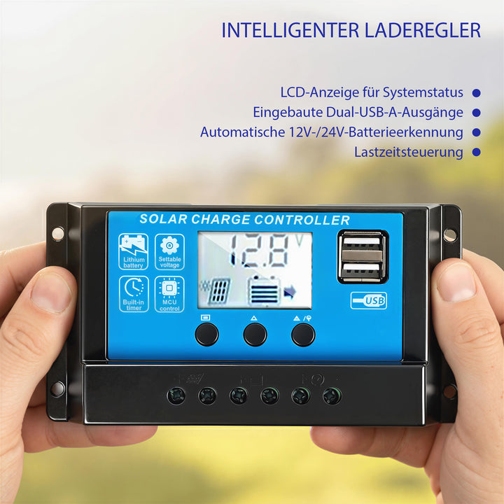 100W 18V bærbar udendørs solpaneloplader med 2 USB-porte, LCD-skærm, IP67 vandtæt
