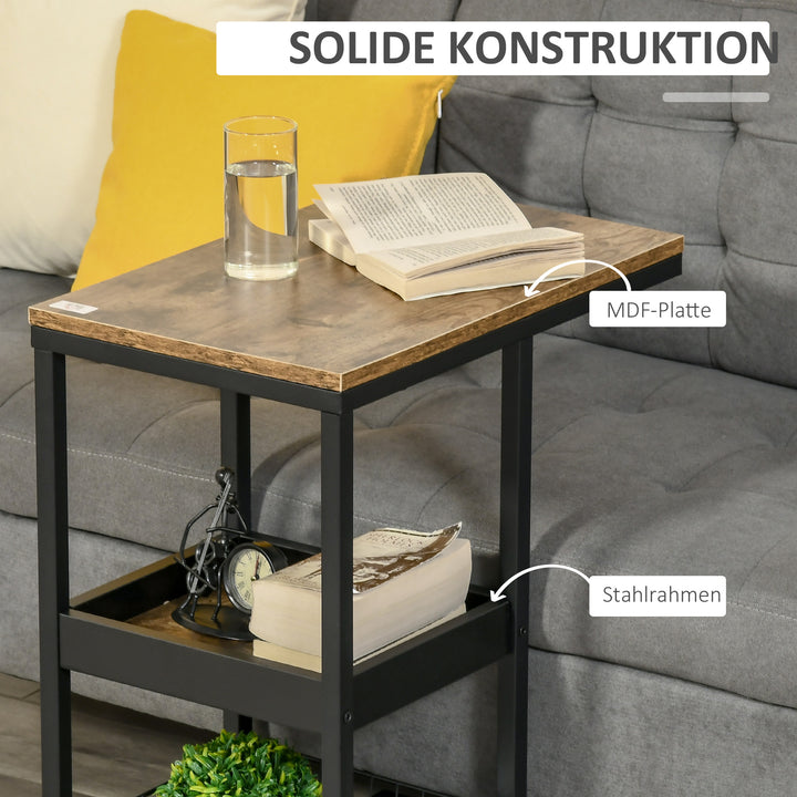 Sidebord med hjul til sofa eller seng, industriel stil, stål og træ, brun og sort