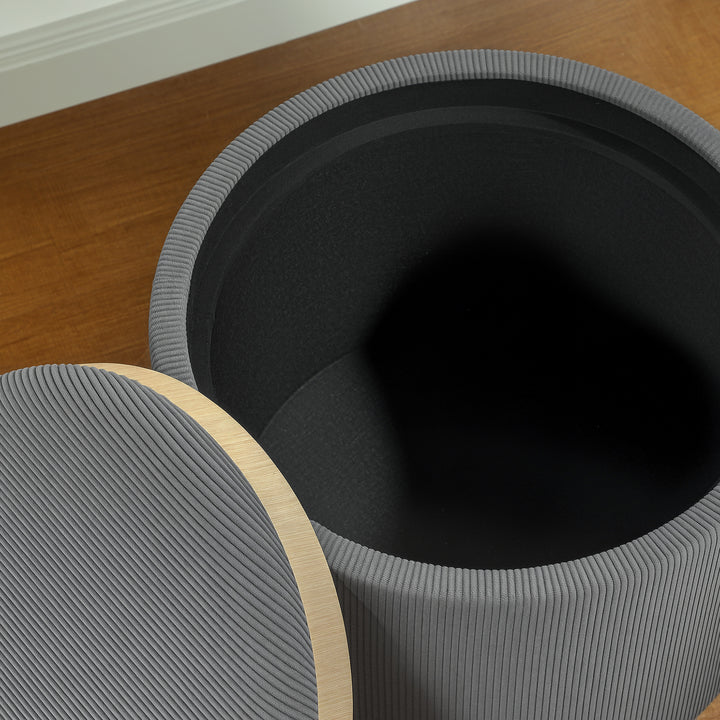 Opbevaringsskammel med opbevaringsplads, rund, fodstøtte, fløjlsbukser, mdf, grå