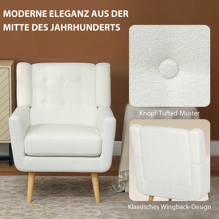 Lænestol, wingback-stol, polstret stol, træben, knapsøm, hvid