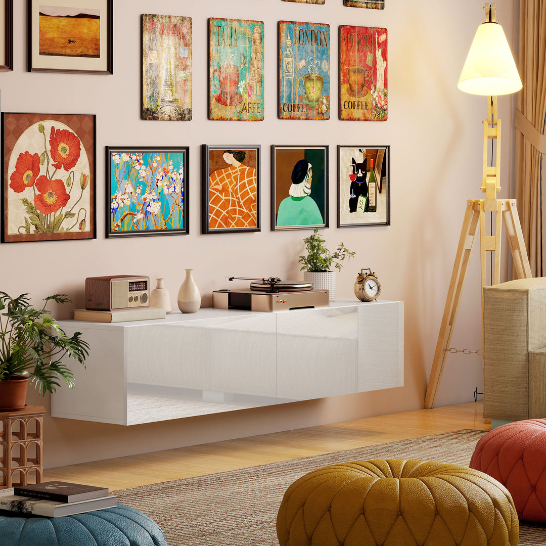 Vægmonteret tv-skab, svævende tv-bord med masser af opbevaringsplads, spånplade, hvid