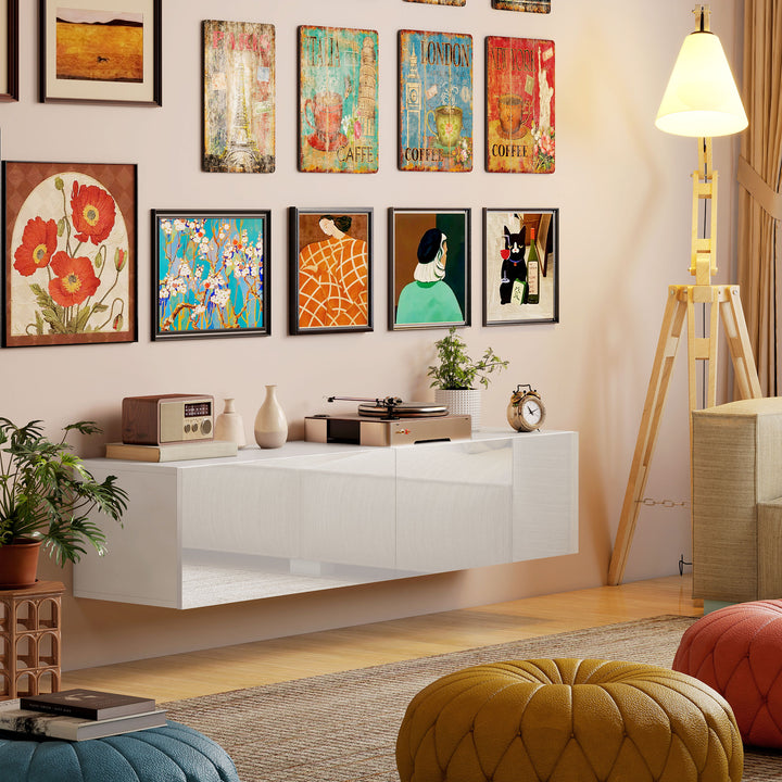 Vægmonteret tv-skab, svævende tv-bord med masser af opbevaringsplads, spånplade, hvid