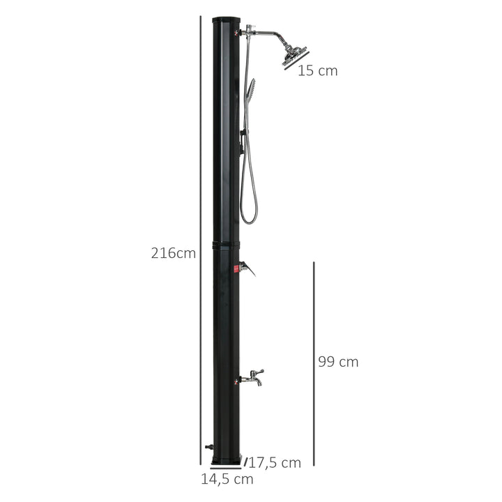 Solbruser 35 liter 0-55 ℃ varmtvands campingpoolbruser med hane og regnbruserhoved sort 17,5 x 14,5 x 216 cm