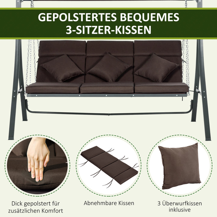 3-Personers gynge med justerbar baldakin, op til 270 kg, brun, 198 x 118 x 168 cm