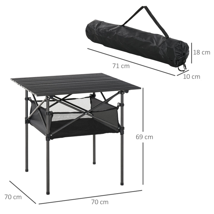 Foldbart campingbord i aluminium med netpose, bærbart picnicbord til camping, have, fest, picnic, balkon, sort, 70 x 70 x 69 cm