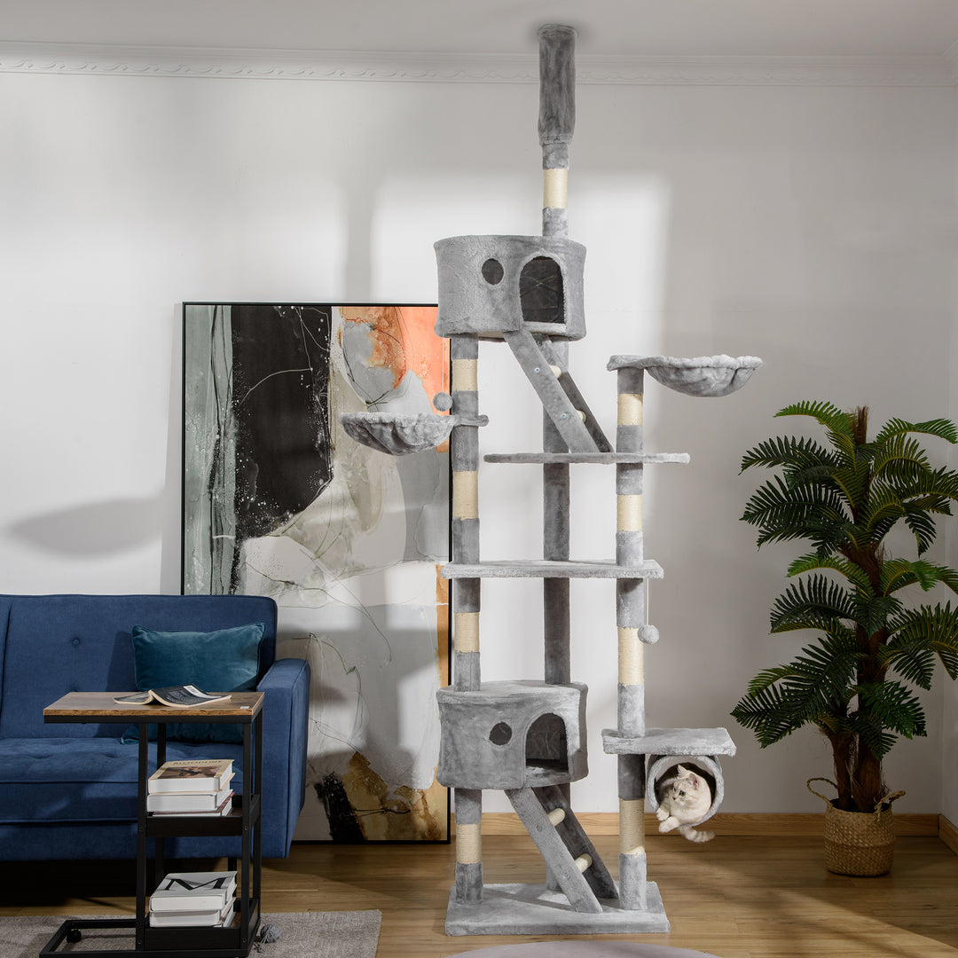 Kradsetræ til katte 240-260 cm loftshøjde, stort kradsetræ, klatretræ til store katte med sisalreb, lysegrå