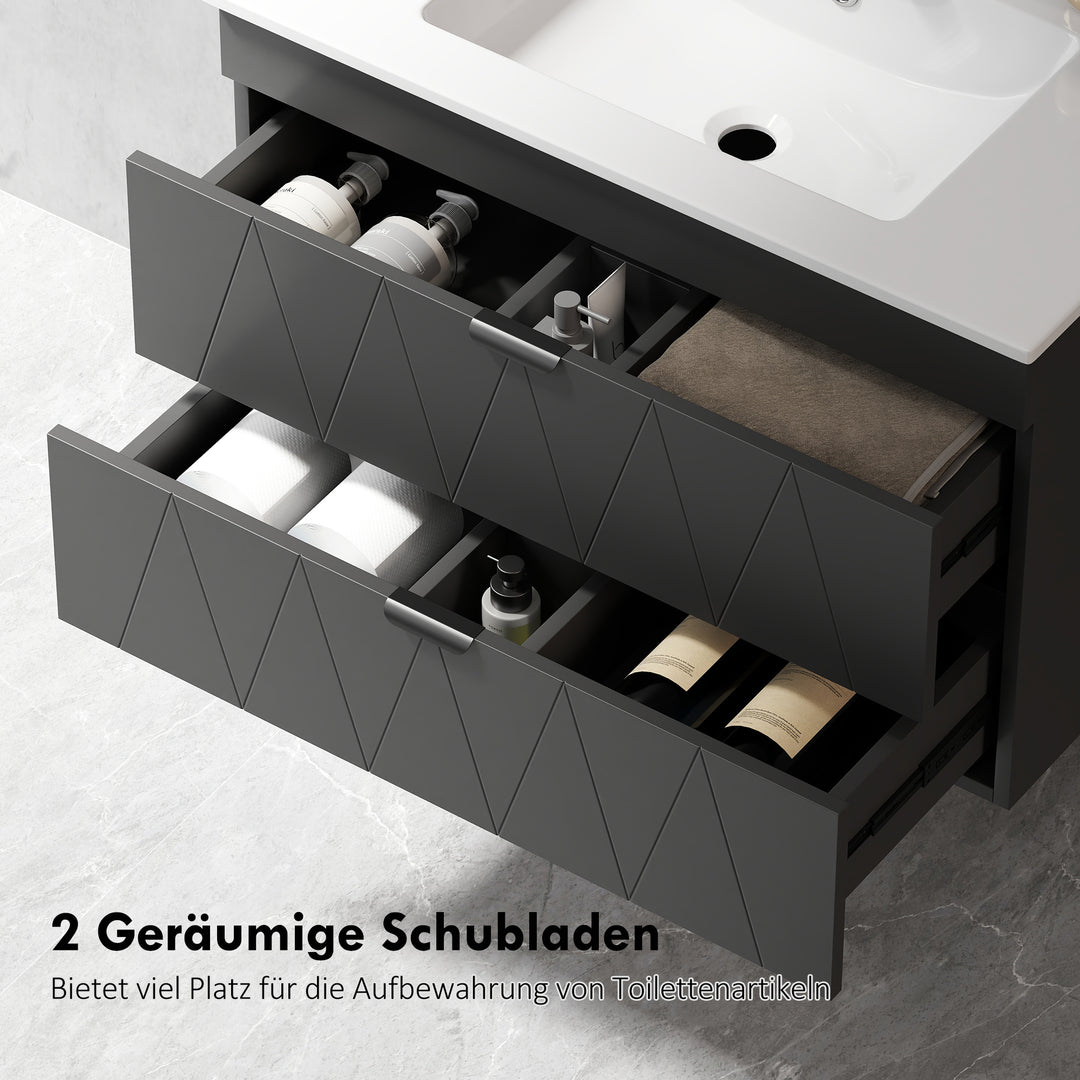 Underskab hængende vaskeskab med keramikvask soft-close skuffer sort