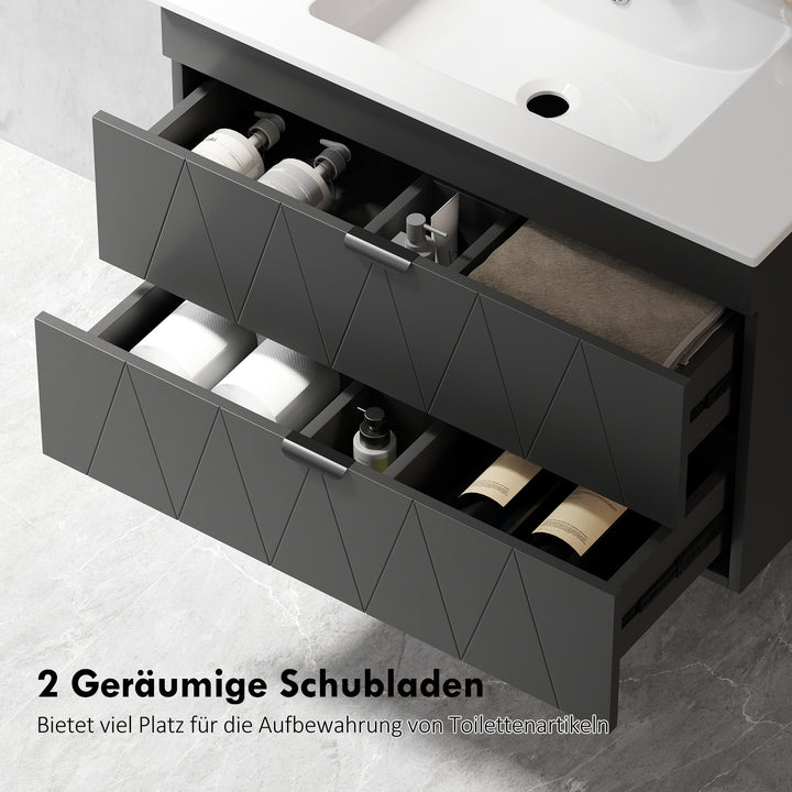 Underskab hængende vaskeskab med keramikvask soft-close skuffer sort