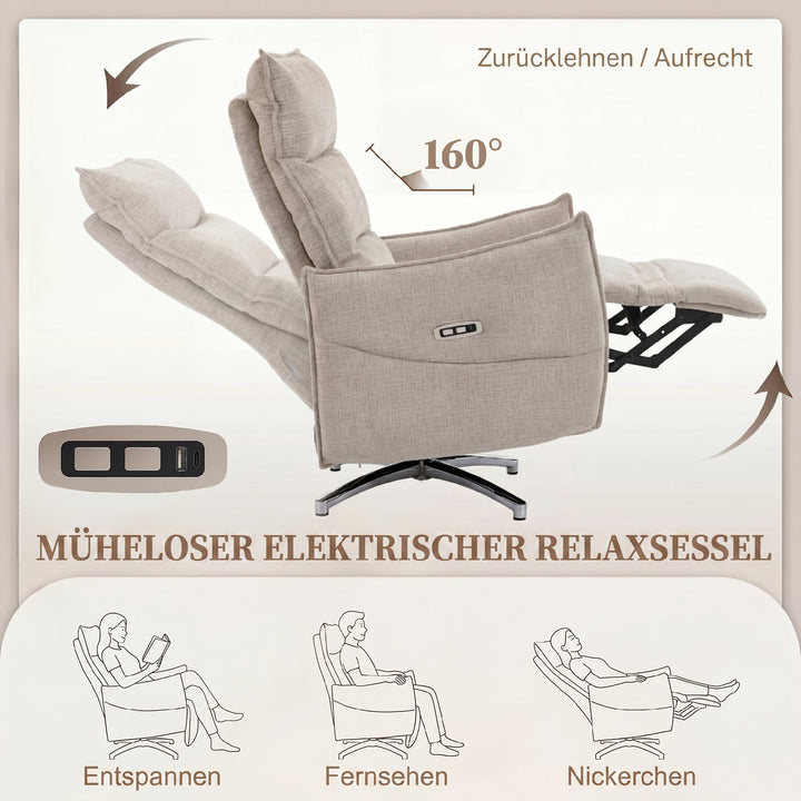 Elektrisk drejelig lænestol til voksne, lænestol med stof i linned-look og opladningsporte, beige