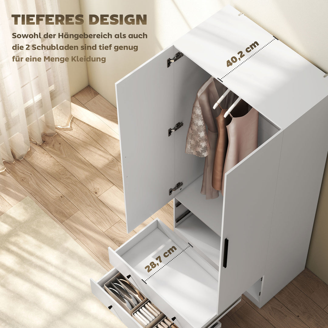 Garderobe, 2 døre, bøjleområde, bøjlestang, 2 skuffer, spånplade, hvid