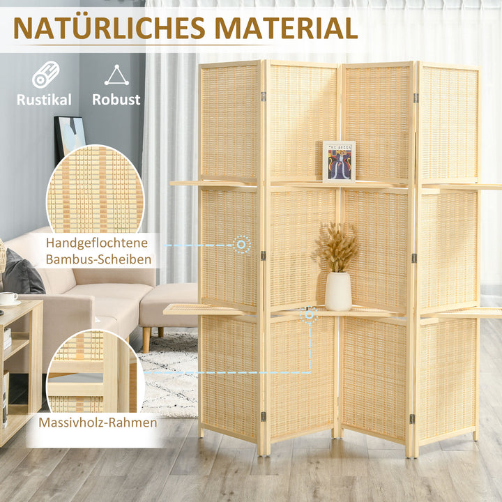 Bambus rumdeler med 2 hylder, foldbar, fodpuder, naturfarvet