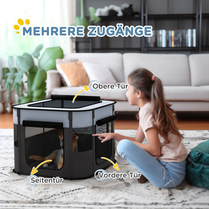 Sammenklappelig kæledyrs legegård med opbevaringspose til hvalpe og killinger, indendørs og udendørs, grå