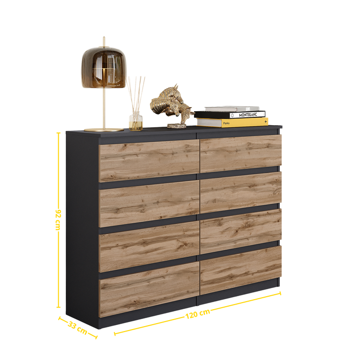 GABRIEL – kommode med 8 skuffer – antracitgrå / Wotan eg – H92 cm B120 cm D33 cm