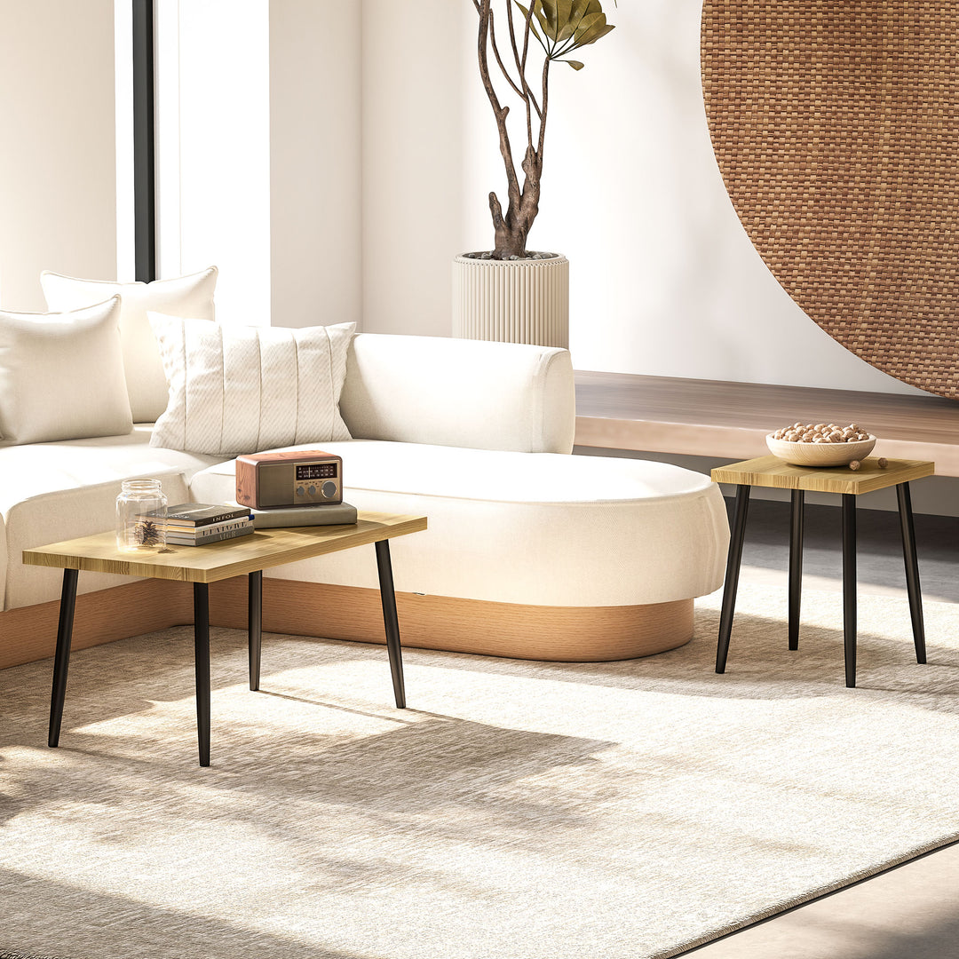 Sæt med 2 sofaborde, stort og lille bord med metalramme og træplade, fleksible sofaborde, naturtræ