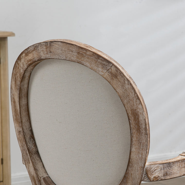 Køkkenstol med armlæn polstret spisestol retro design i hørlook til stue gummitræ cremehvid + lys træfarve 56 x 56 x 96 cm