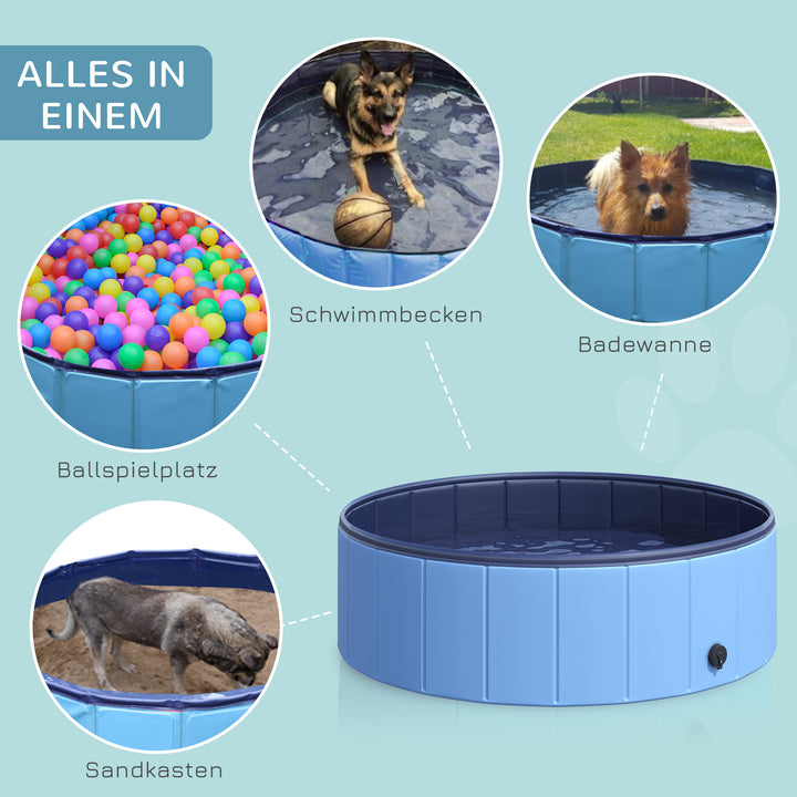 Sammenklappeligt hundebadekar, hundepool, swimmingpool, børnepool, badekar til hunde og katte, vandbassin af plastik og træ, Ø100 x H30 cm, blå