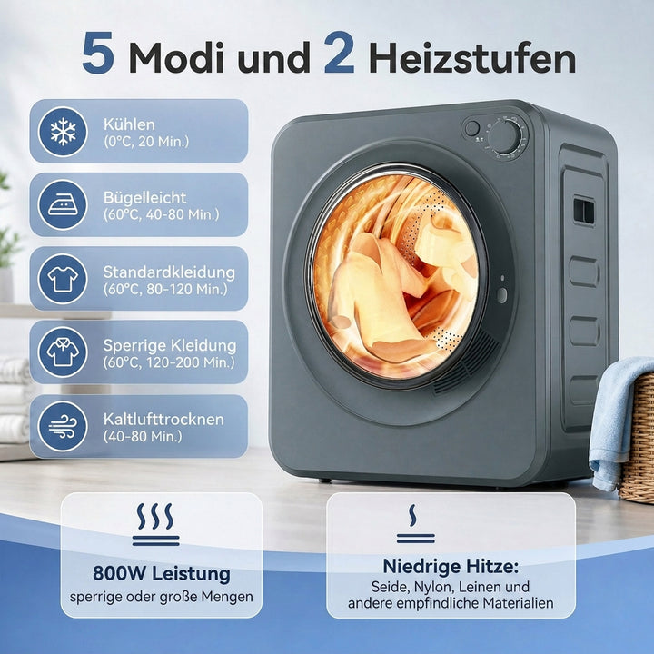 Mini tørretumbler, 4 kg kapacitet, 5 programmer, 800W/400W, fritstående, grå