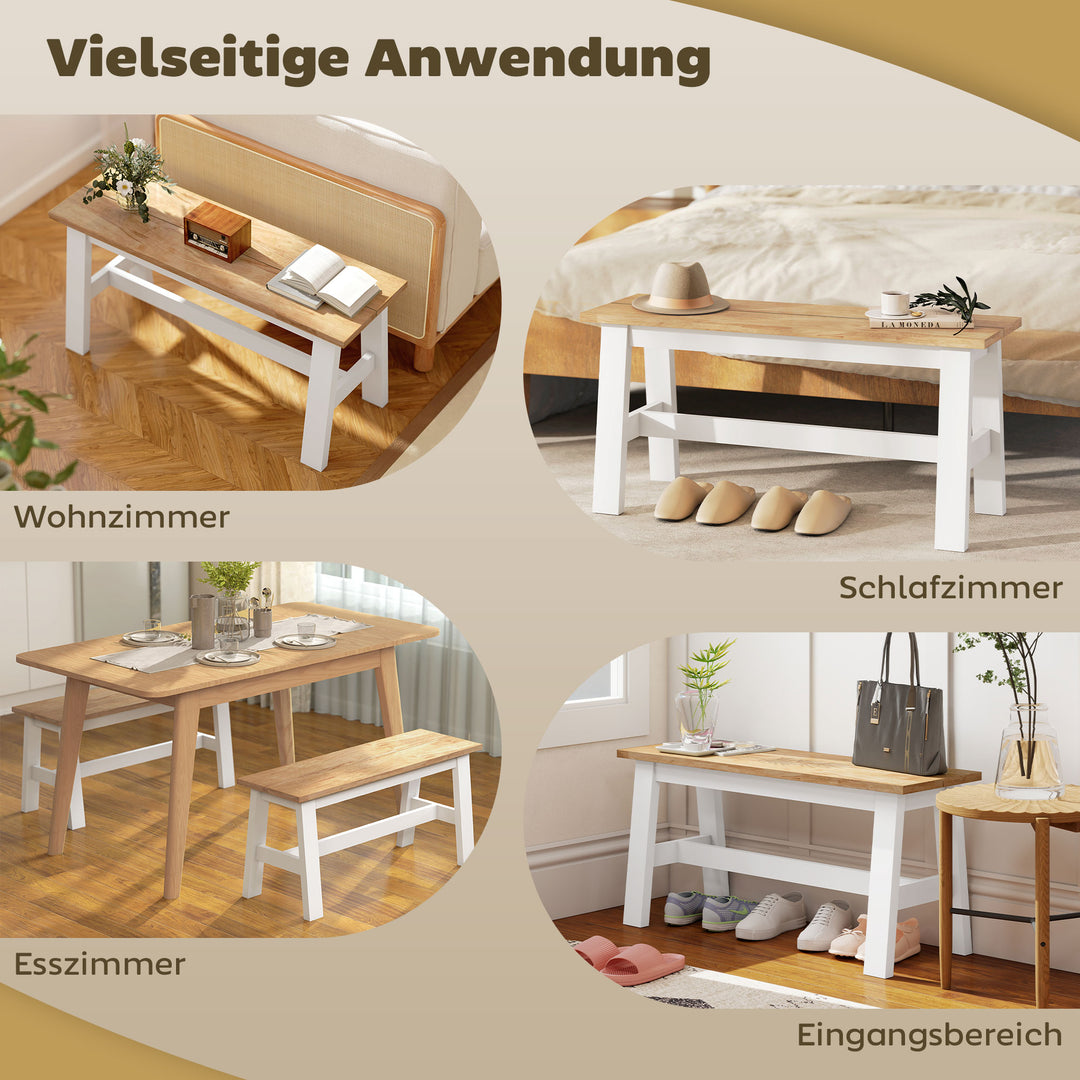 Bænk til 2 personer, træbænk i egetræslook, stabiliserende tværstang, til stue, spisestue, entre, gummitræ, hvid