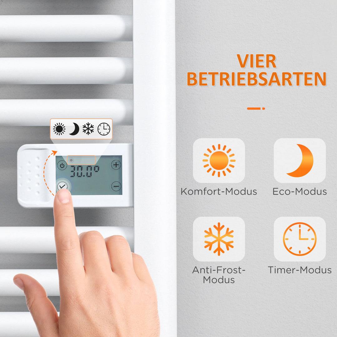 Badeværelsesvarmer, 24/7 programmering, 4 tilstande, overophedningsbeskyttelse, 54 cm x 4 cm x 96 cm, hvid