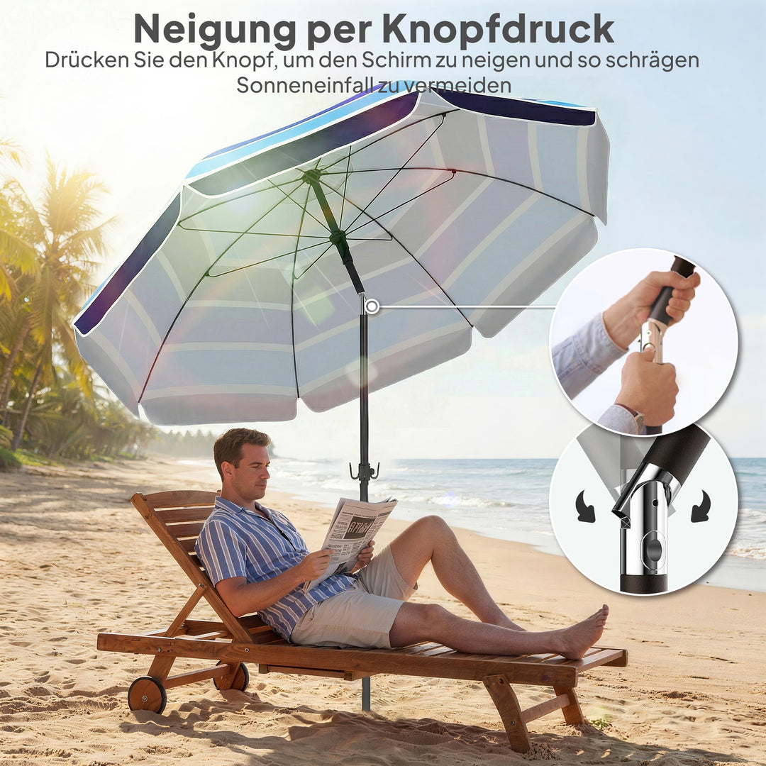 Strandparasol Ø198 cm UV30+ Strandparasol med foldbart bord, kopholder, justerbar hældning, flerfarvet