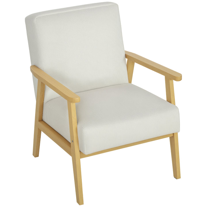 Moderne lænestol med armlæn, stofbetrukket, gummitræ accentstol, bæreevne 120 kg, cremehvid