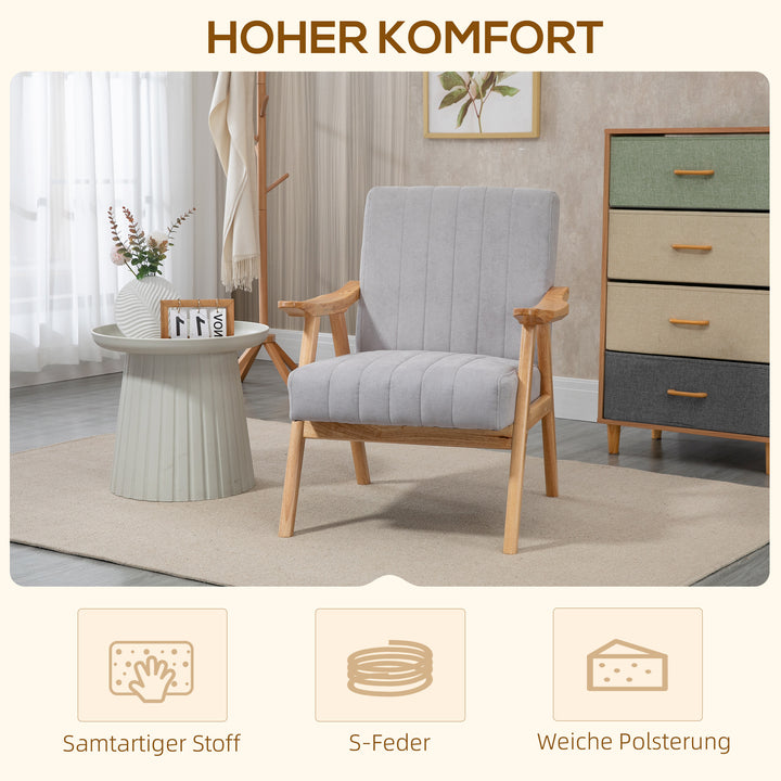 Lænestol i skandinavisk design, op til 120 kg, fløjlslook, massivt træ; 68 cm x 74 cm x 82 cm, natur + grå