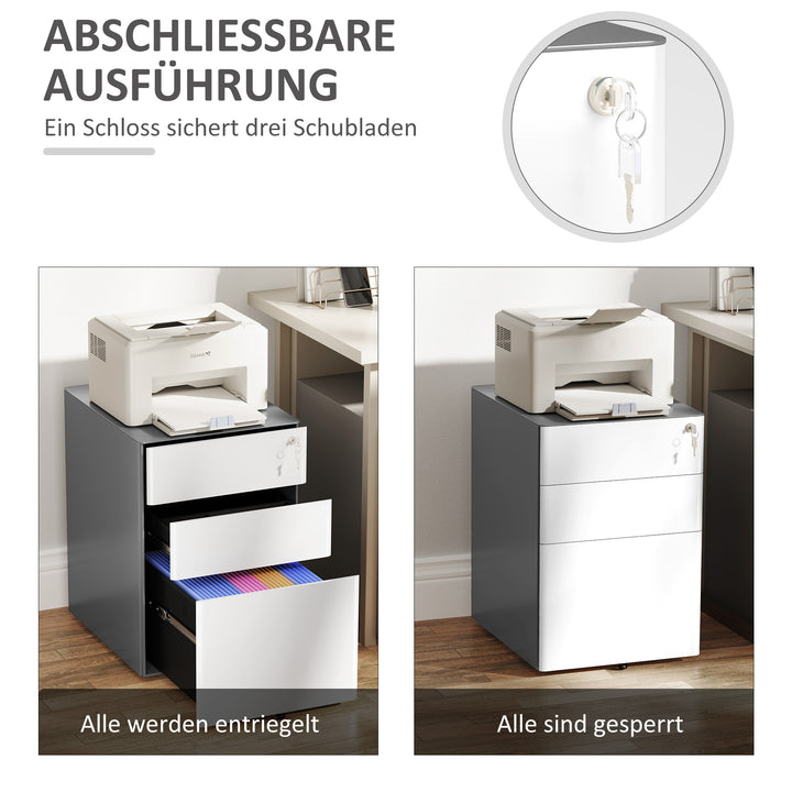 Arkivskab, mobil beholder, 3 skuffer og hængemapper, lås, stålkabinet, 39 x 48 x 59 cm, hvid + grå