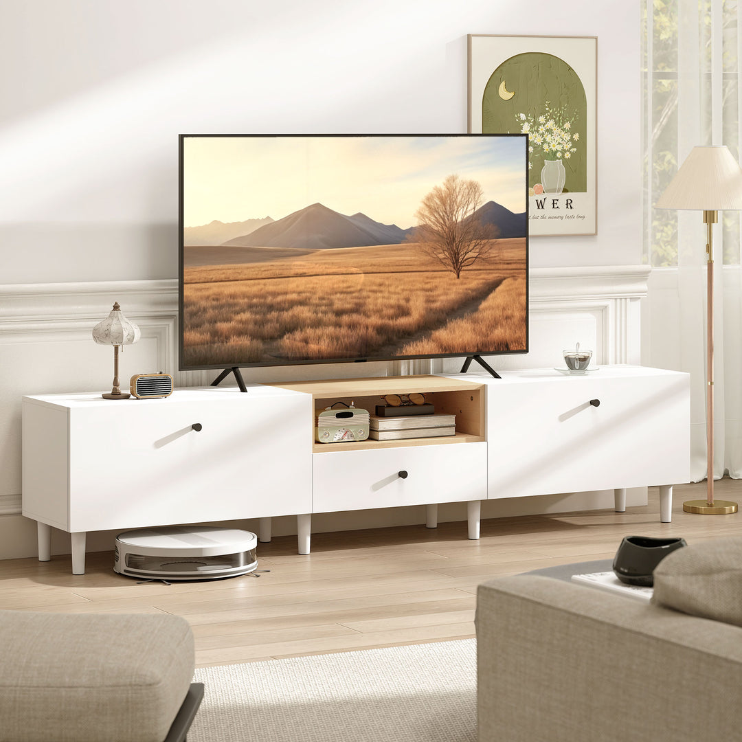 200 cm TV-skab til fjernsyn op til 90 tommer, 2 klaprum, åbent rum, skuffe, 8 ben, spånplade, hvid