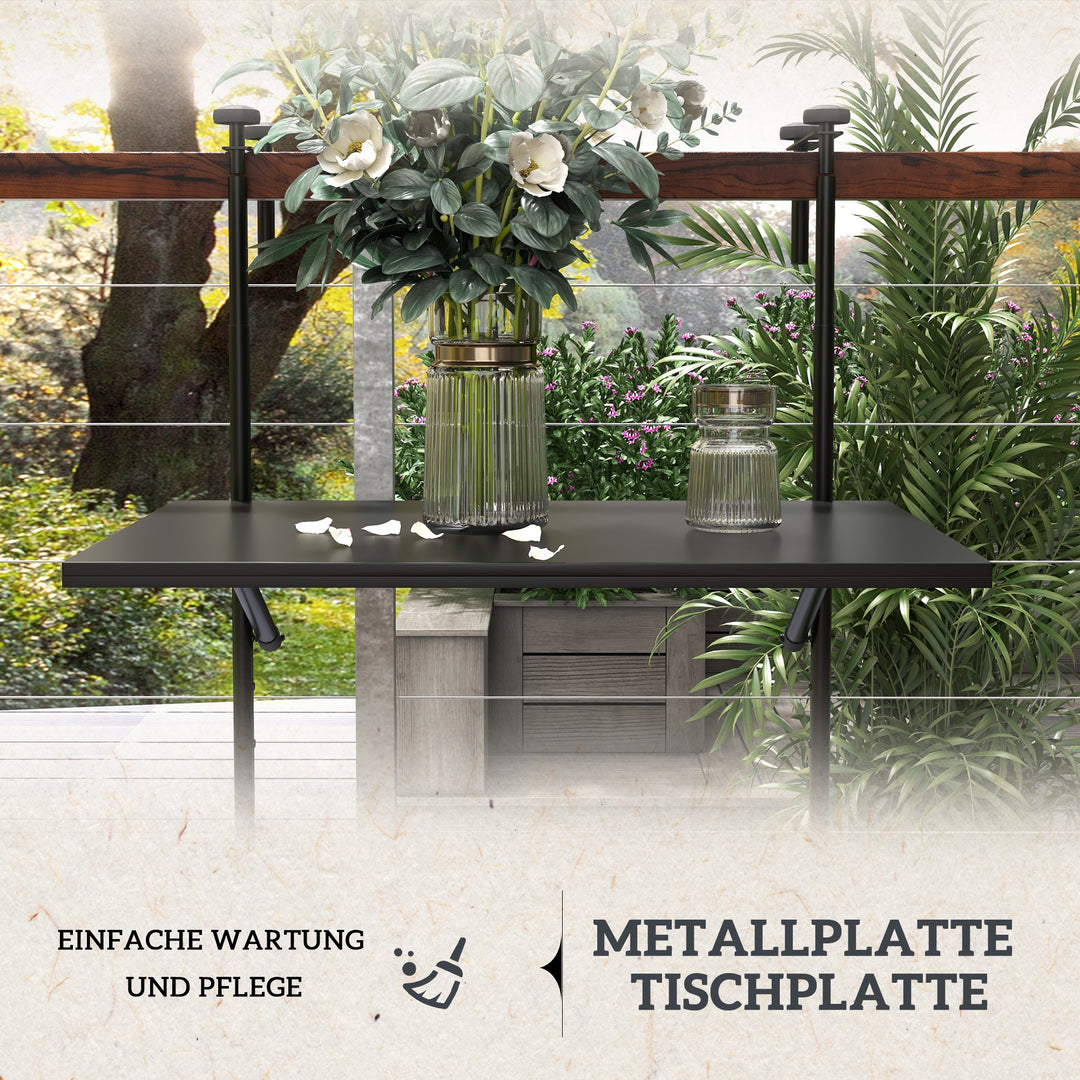 Balkonbord, til gelændere 6-15 cm tykt, justerbart, foldbart, rustfri metal, 62x60x85,5 cm, sort