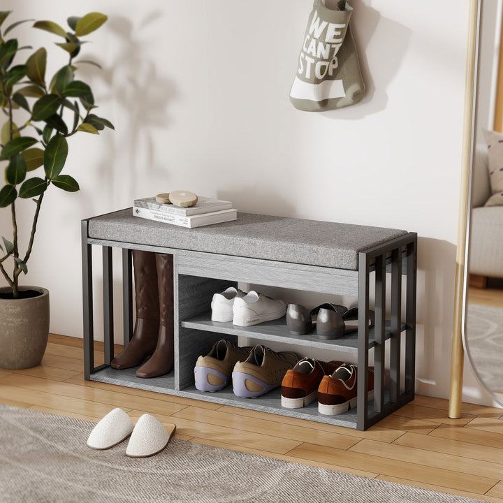 Skoreol med bænk, hylde til sko i gangen, skoskab med 3-lags design, til entré, stue, soveværelse, grå