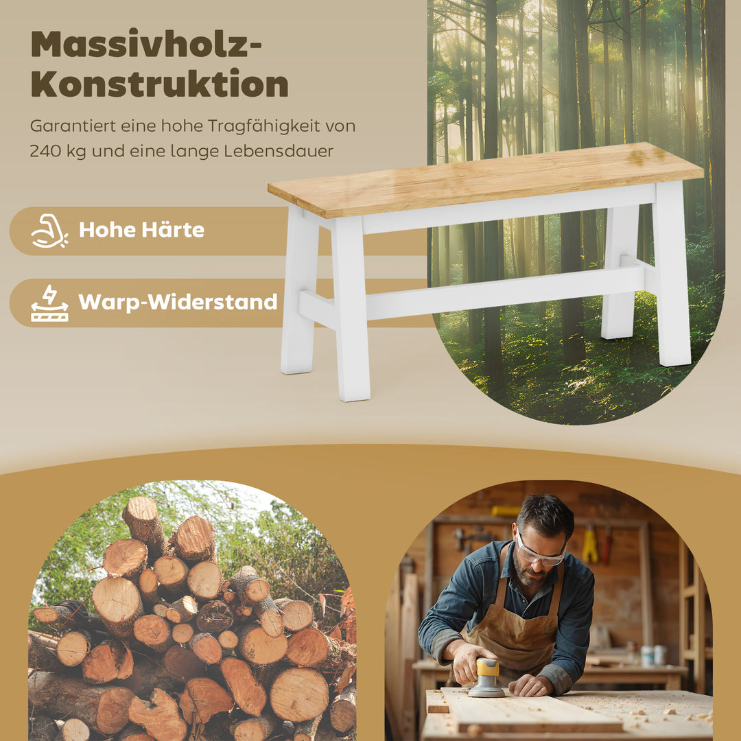 Bænk til 2 personer, træbænk i egetræslook, stabiliserende tværstang, til stue, spisestue, entre, gummitræ, hvid