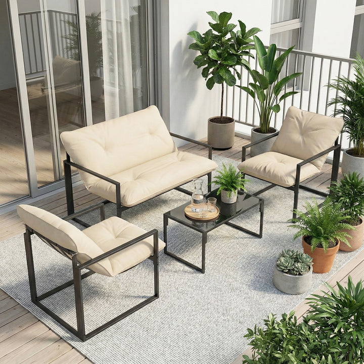 Havemøbelsæt, 1 glasbord, 2 lænestole, 1 sofa, vejrbestandig, 114 cm x 70 cm x 67 cm, grå og beige