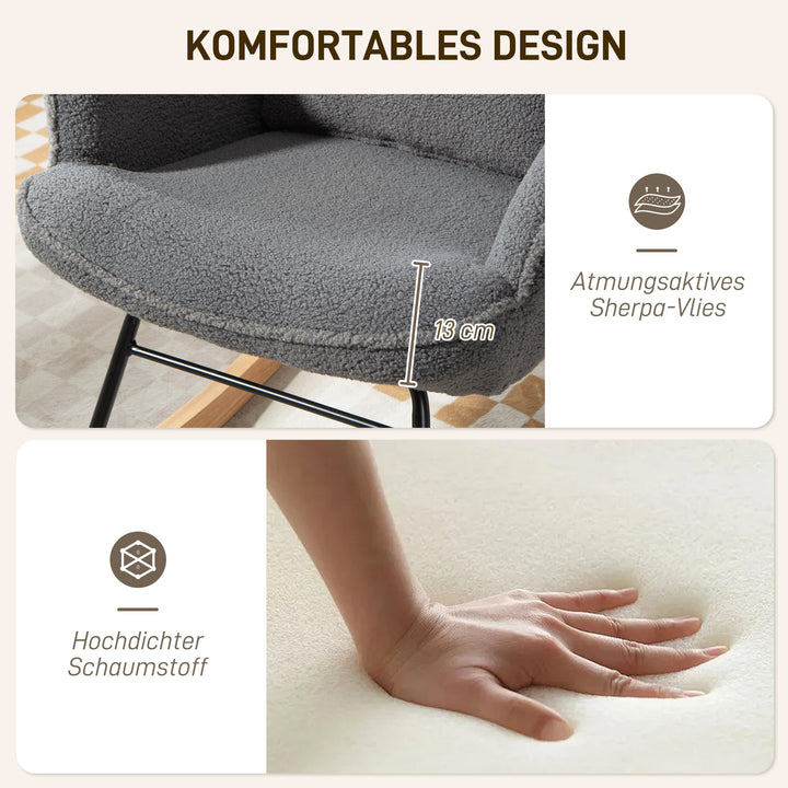 Gyngestol med fodskammel, blødt fleecebetræk, træben, hynde, høj ryg, gyngestol, mørkegrå