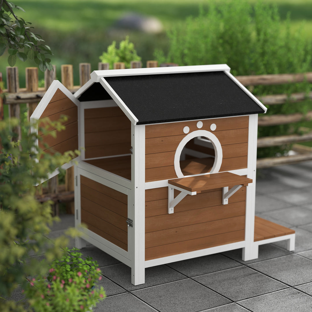 Udendørs kattehus med vejrbestandigt tag, aftageligt gulv, 2 etager, til 1-2 katte, brun