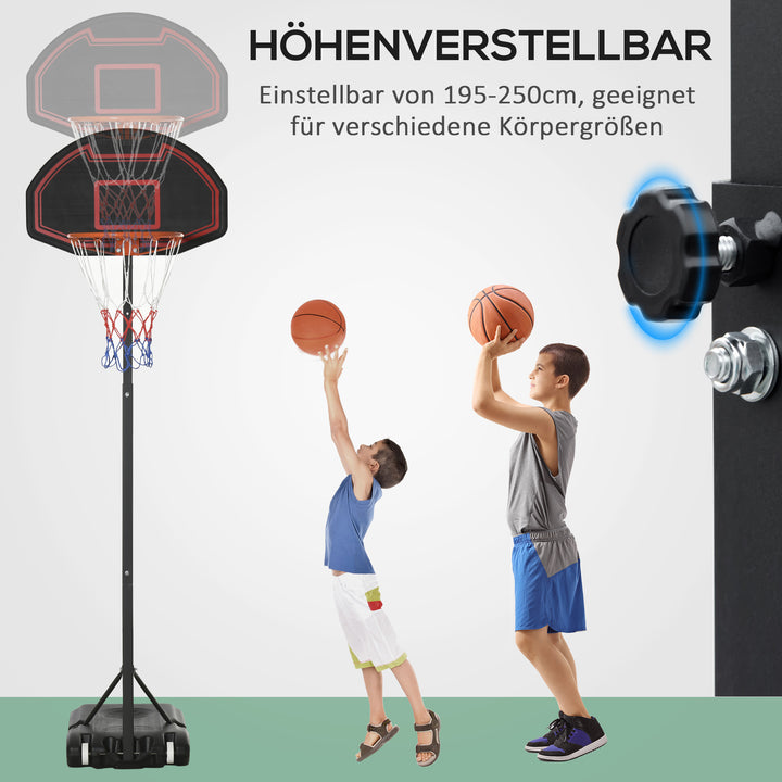 Basketballkurv, højdejusterbar, fyldbar bund, meget stabil, sort, 131 x 49 x 195-250 cm