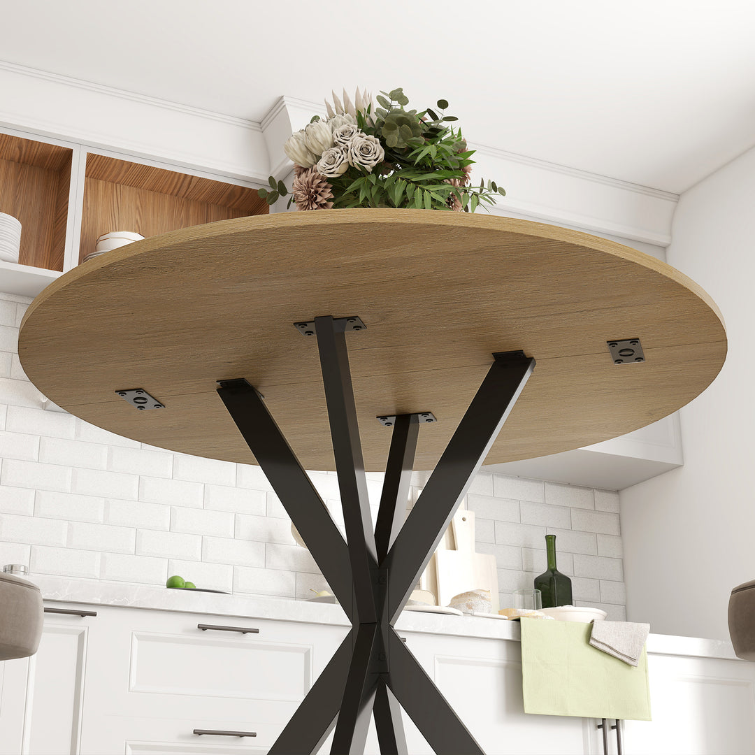 Rundt køkkenbord, 80 cm, kompakt bordplade, spånplade, metal, hvid eg + sort