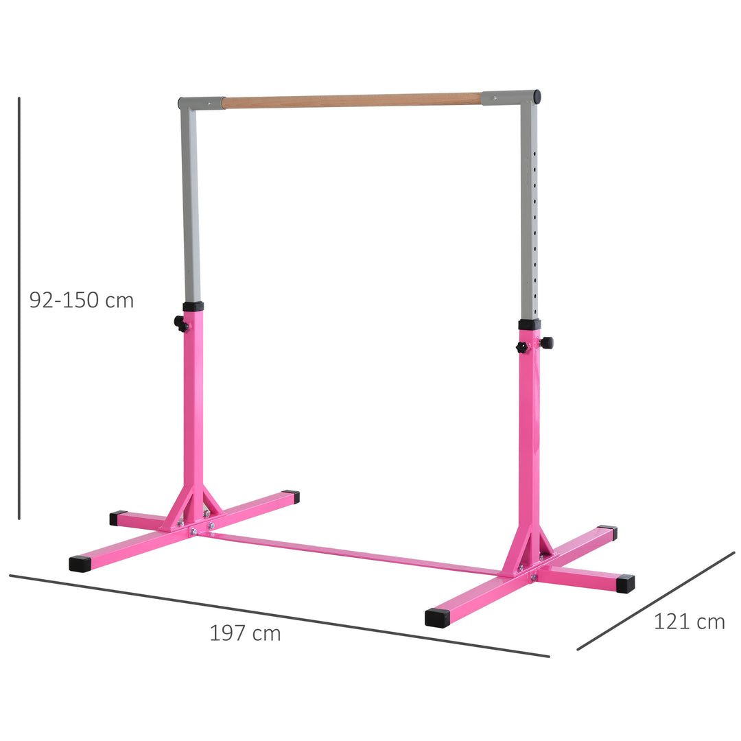 Gymnastikstang til børn, højdejusterbar vandret stang, vandret stang til indendørs og udendørs brug, lavet af træ og robust stålkonstruktion, lasteevne op til 75 kg, til børn fra 3 år, lyserød