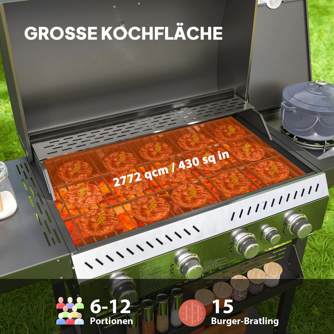Gasgrill, BBQ-grill, 4 hovedbrændere, 1 sidebrænder, 1 varmeplade; 135 x 55 x 103 cm, sort