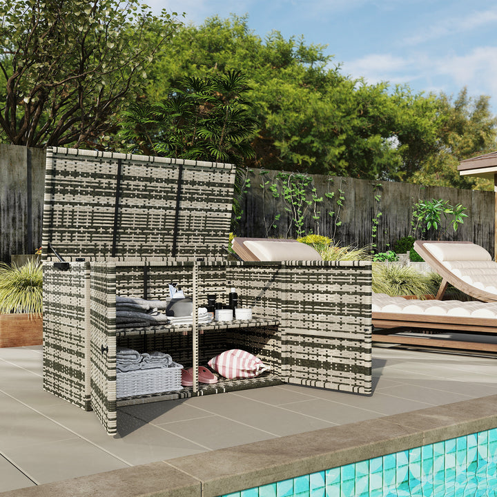 Rattan opbevaringskasse 350l 2-niveau hyndekasse med låg løftestænger bærehåndtag 118 x 57 x 69 cm blandet grå