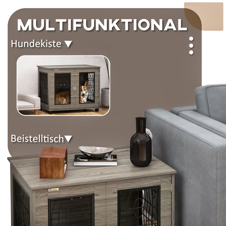 Hundebur med hynde, op til 20 kg/50 cm kropslængde, metal, 80 x 56 x 63 cm, grå/trædekoration