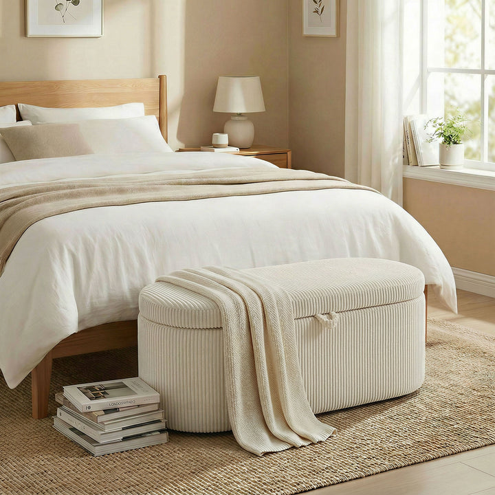 Puf med opbevaring, fløjlspolstring med polstret sæde, bænk ved foden af sengen, 105 x 51 x 49 cm, beige
