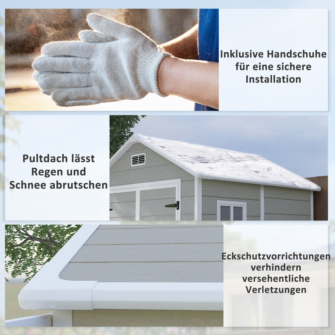 Haveskur, redskabsskur med gulv, aflåselige døre, ventilationsåbninger, vinduer, trælook, plastik, grå