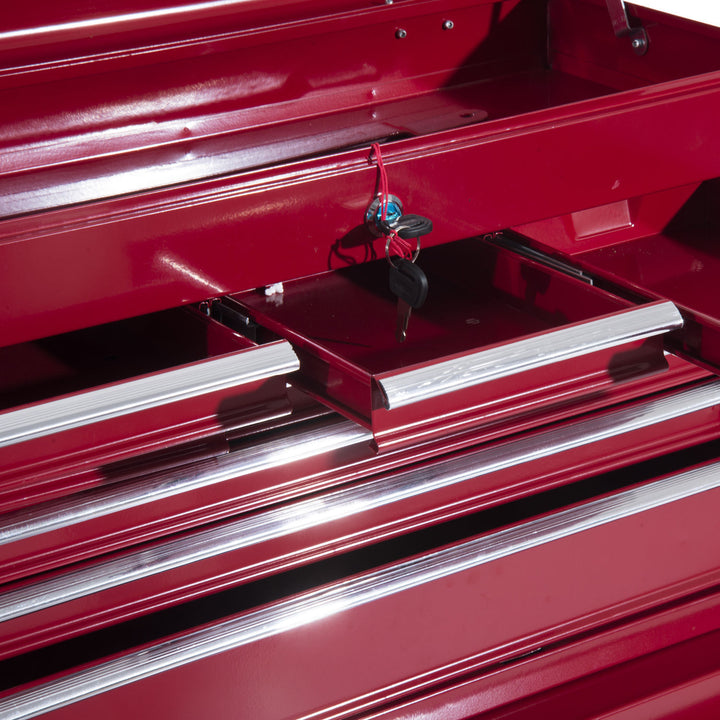 Værkstedsvogn med værktøjskasse, tom, aflåselig værktøjsvogn med skuffer, værktøjsrum, nøgler og skridsikre måtter, rød