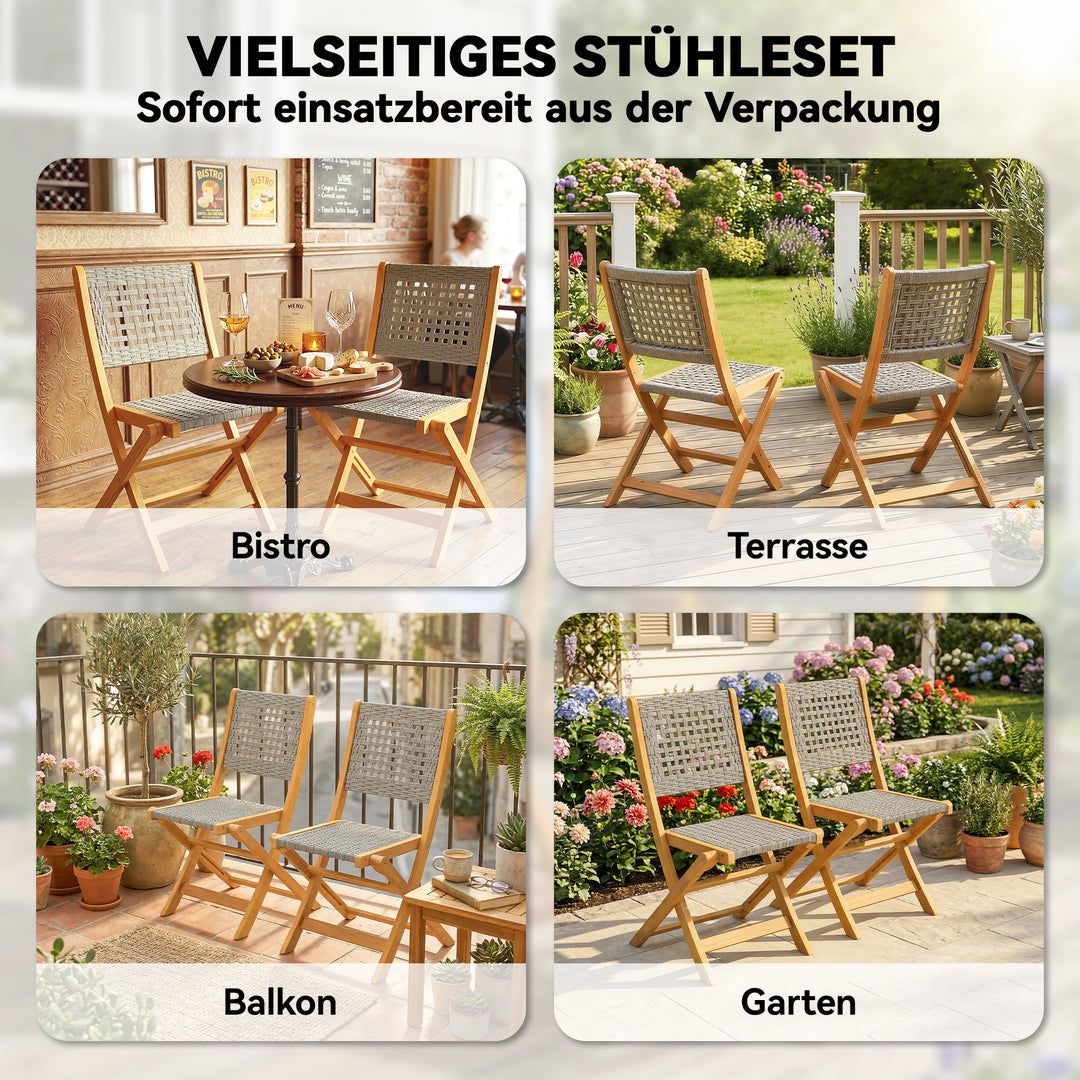 Havestole, sæt med 2, FSC klapstole med åndbart sæde, komfortabel sædehøjde, lavet af massivt træ og polyrattan